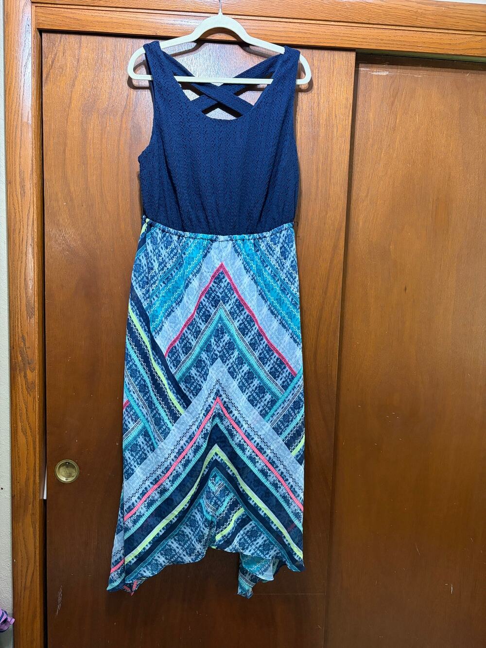Maurices NWT Chevron Midi Dress Size 1 Navy Lace Bodice Handkerchief Hem 1X